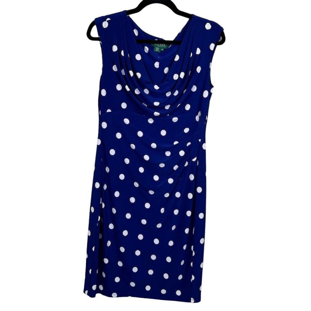 Lauren Ralph Lauren Petites Blue Polka Dot Sheath Dress Size 12 Preppy Classy